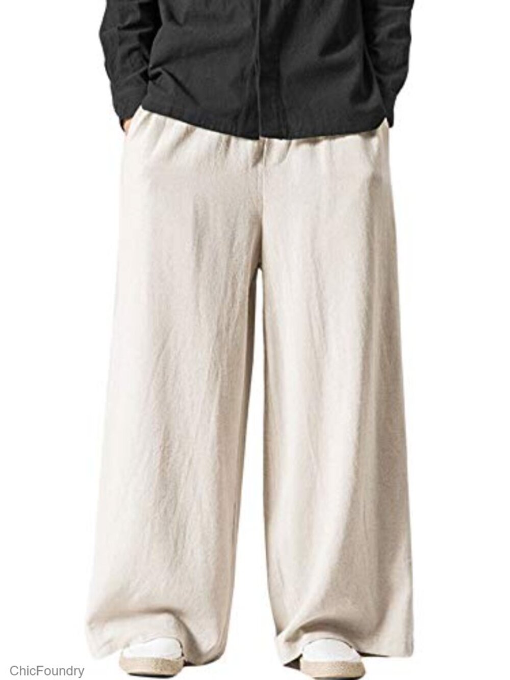 Men's Linen Pants Cotton Linen Blend Elastic Waist Wide Leg Baggy Yoga Beach